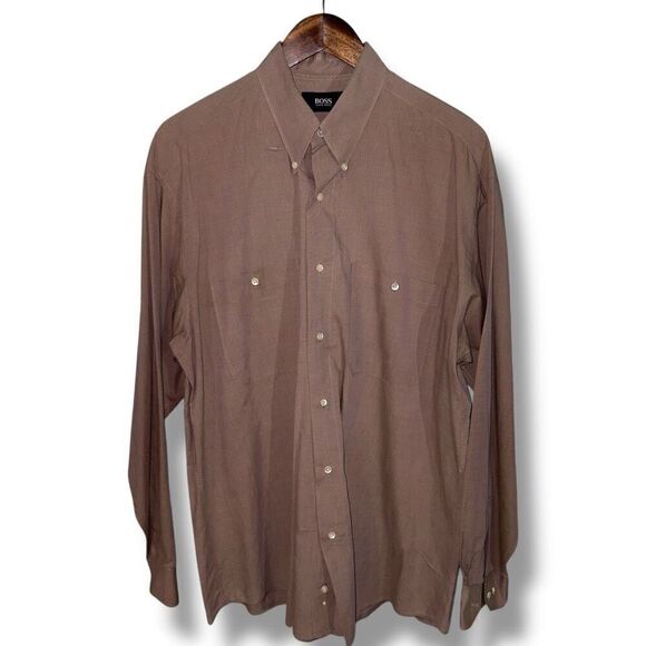 90s Hugo Boss Brown Glencheck Button Down Sport Shirt Size L - Picture 1 of 9